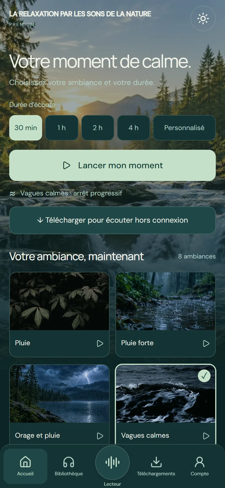 Accueil réel Relaxation V2 : choix de durée et ambiances